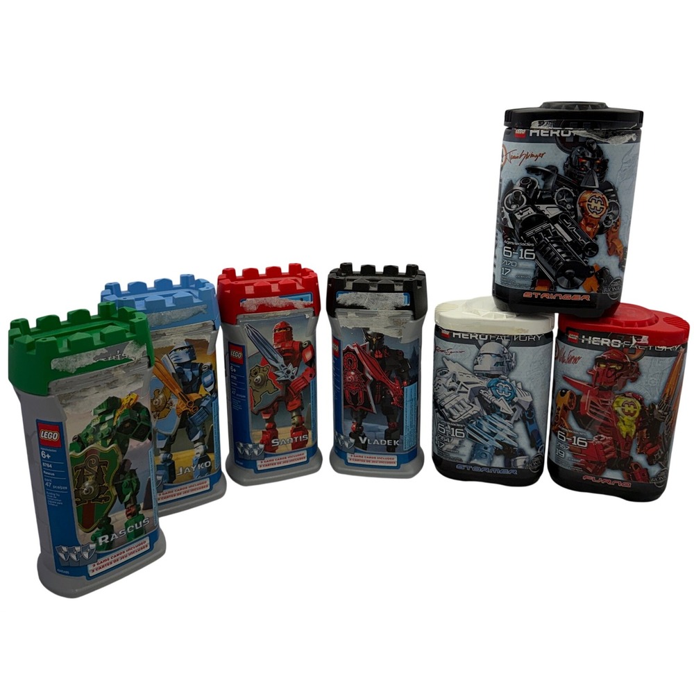 LEGO Knights Kingdom & Hero Factory Lot Rascus Jayko Vladek Stringer 7 Canisters